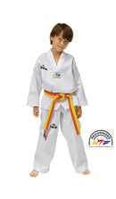 WTF-Taekwondopuku, valkoinen kaulus, ribattua kangasta, TAEKWONDO-brodeeraus selässä
