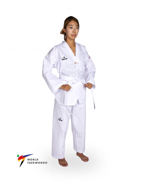 WT-Taekwondopuku, valkoinen kaulus, ribattua kangasta - Valkoinen