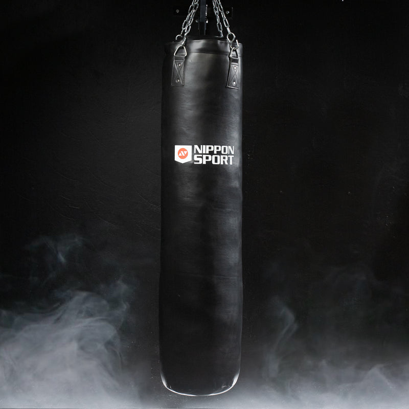 Boxing Bag With Fill - Nippon Sport - 'Leather - Black - 120cm